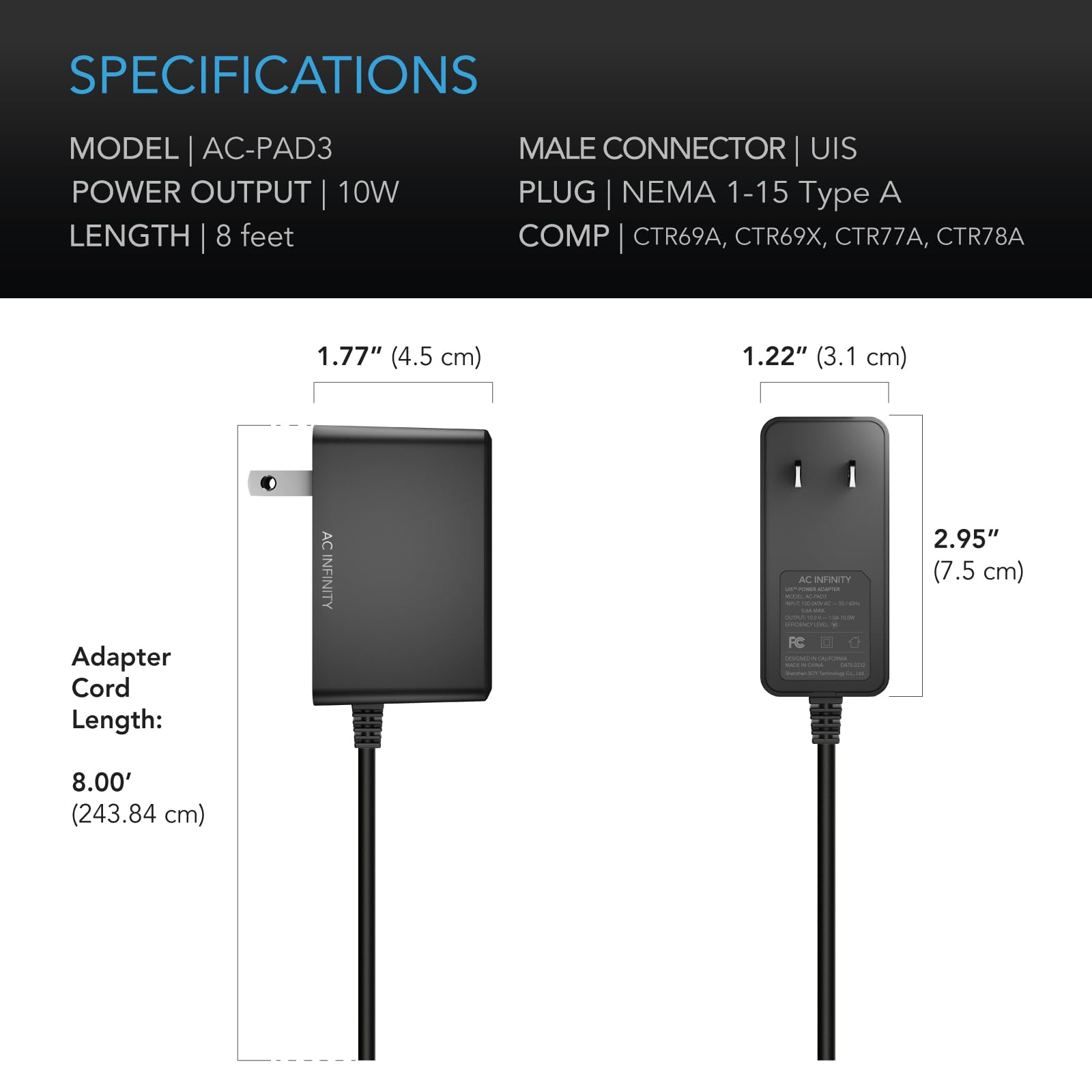 ac-infinity-uis-power-adapter-outlet-plug-with-charger-cable-cord-for-uis-digita image 5