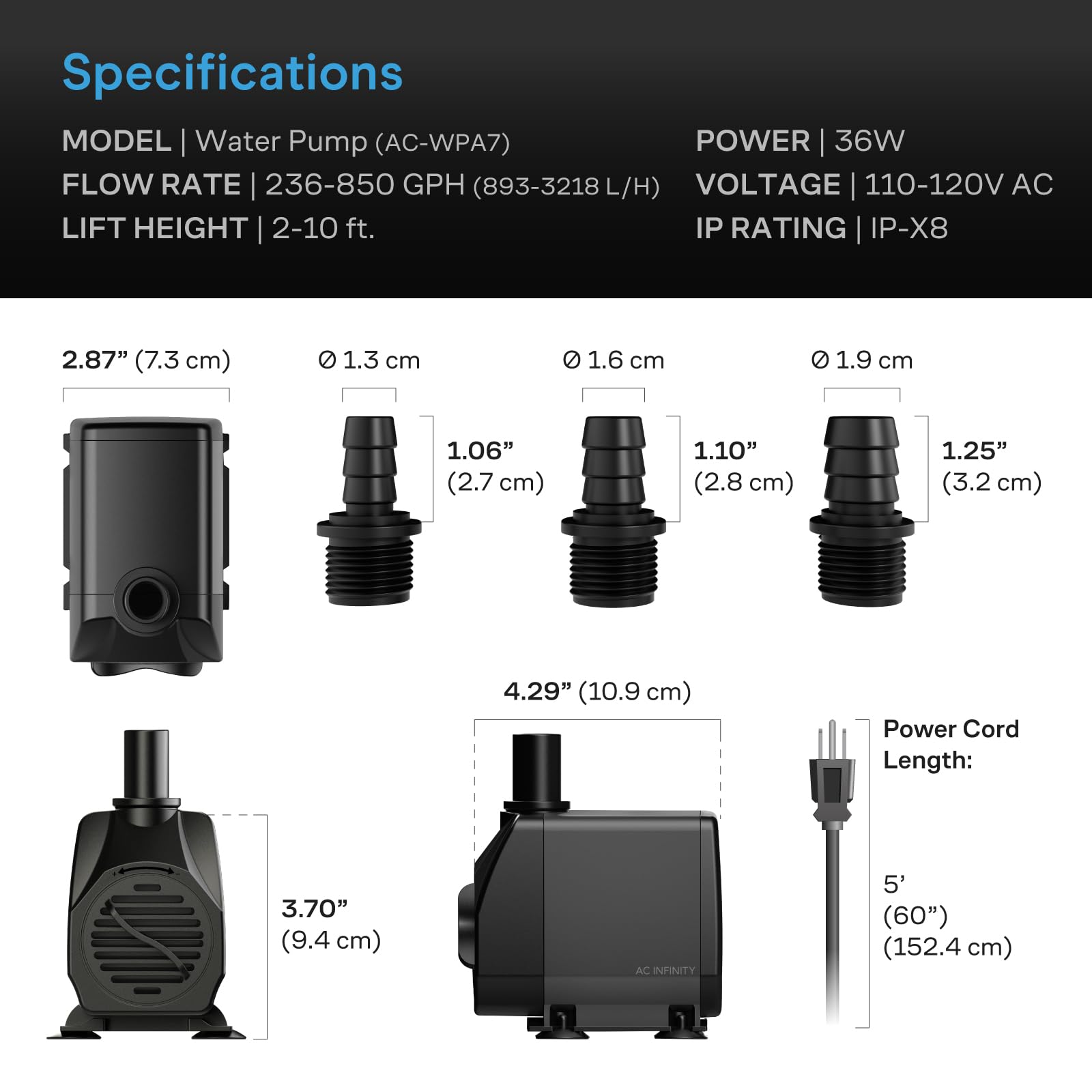ac-infinity-850-gph-submersible-water-pump-with-10-ft-high-lift-3-nozzles-for-hy image 8