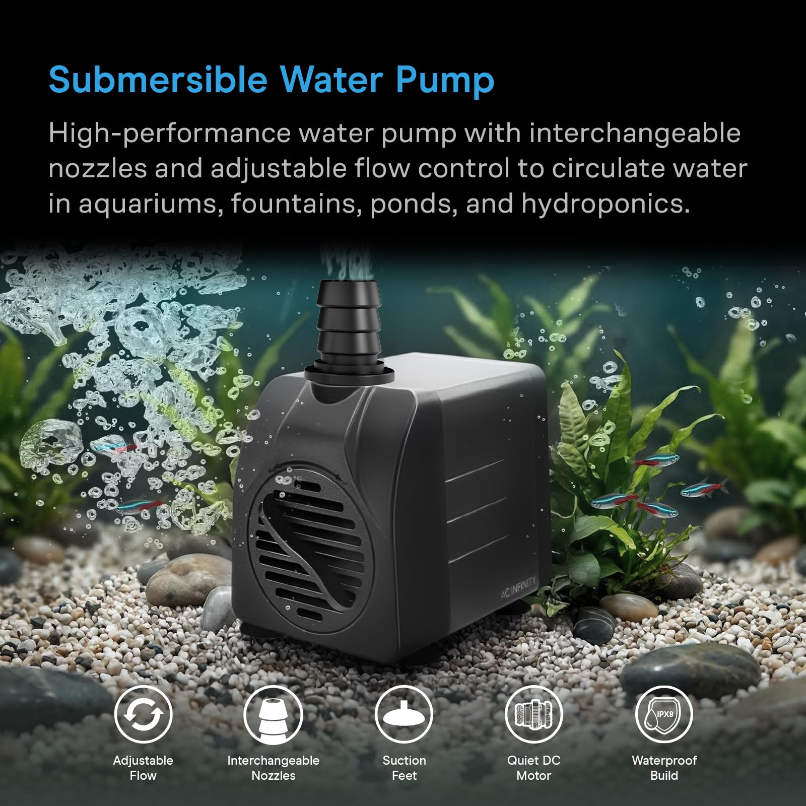 ac-infinity-850-gph-submersible-water-pump-with-10-ft-high-lift-3-nozzles-for-hy image 2